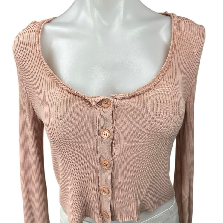 Zara Pink Ribbed Knit Button Down Long Sleeve Crop Cardigan Sweater Top Size S