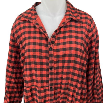 Violet Red Black Plaid Checkered Long Sleeve Button Tiered Midi Shirt Dress 18