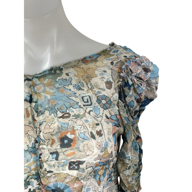 Isabel Marant 100% Silk Multicolor Floral Ruched Puff Sleeve Slim Blouse Top 1