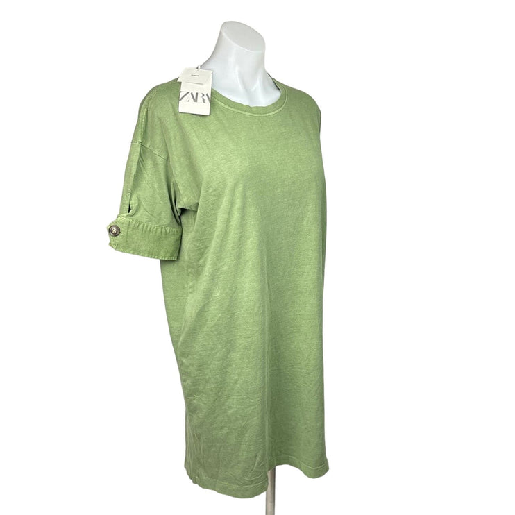 Zara NWT Green Cotton Cuffed Short Sleeve Crew Oversized T-Shirt Midi Dress Sz S