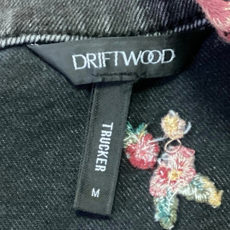 Driftwood Trucker Black Embroidered Floral Button Down Denim Jean Coat Jacket M