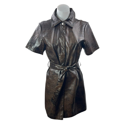 Topshop Women's Brown Croc Faux Leather Vegan Tie Waist A Line Mini Dress Size 6