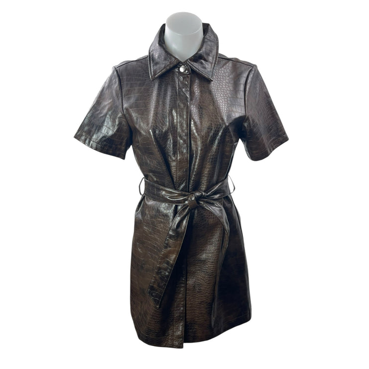 Topshop Women's Brown Croc Faux Leather Vegan Tie Waist A Line Mini Dress Size 6