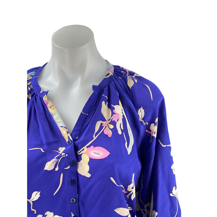 Yumi Kim 100% Silk Women's Blue Floral 3/4 Puff Sleeve Button V-neck Blouse Top