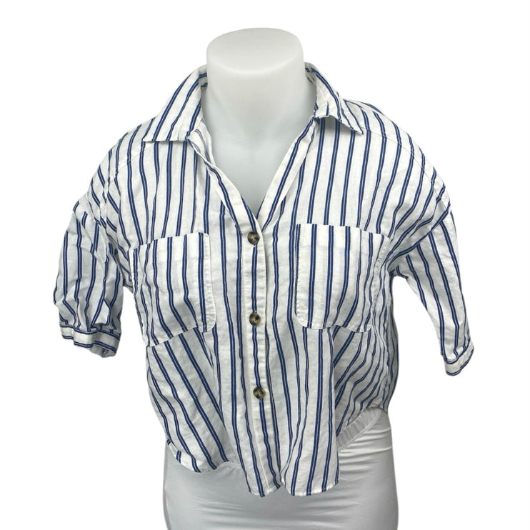 NEW Zara White Blue Striped Short Sleeve Button Pockets Crop Shirt Blouse Top XL