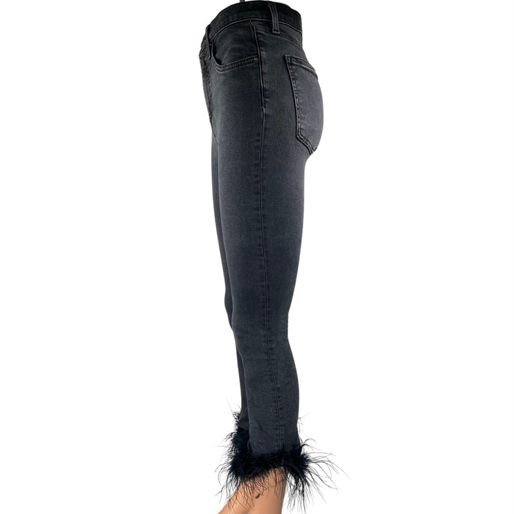 Veronica Beard Kareena Black Feather Trim High Rise Skinny Denim Jeans Pants 25
