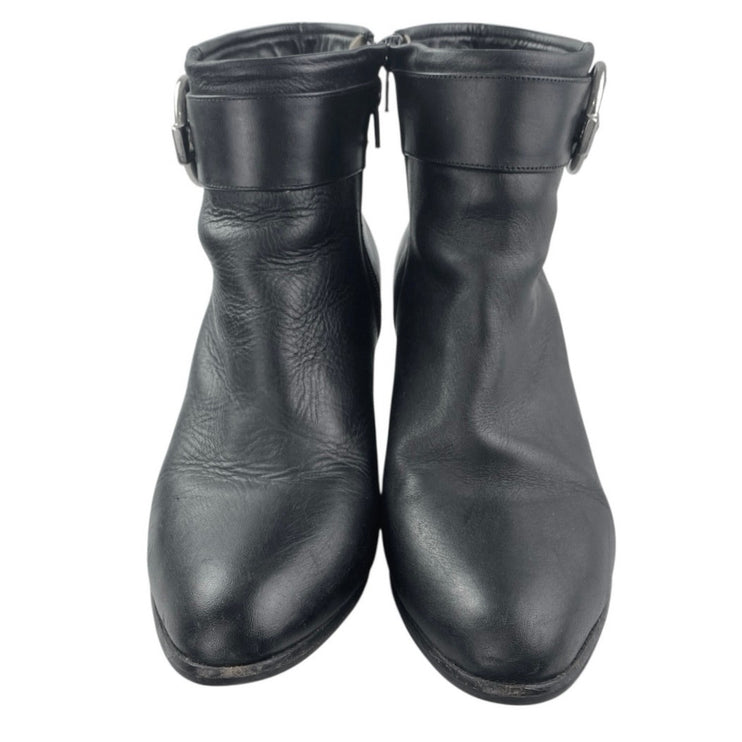 PB Women's Black Leather Almond Toe Buckle Strap Zip Chelsea Ankle Boots Size 8
