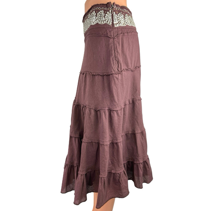 Vintage Dimri Purple Ruffle Tiered Rhinestone Peasant Boho Midi ALine Skirt Sz M