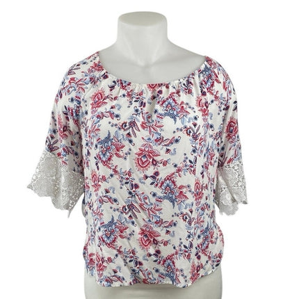 Soho Botanical Floral Lace Trim Bell Sleeves Tunic Peasant Popover Blouse Top XL
