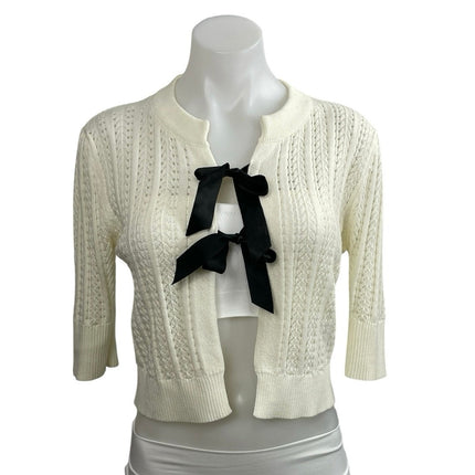 Cider Women's Cream Pointelle Crochet Bow Hald Sleeve Cardigan Sweater Top Sz L