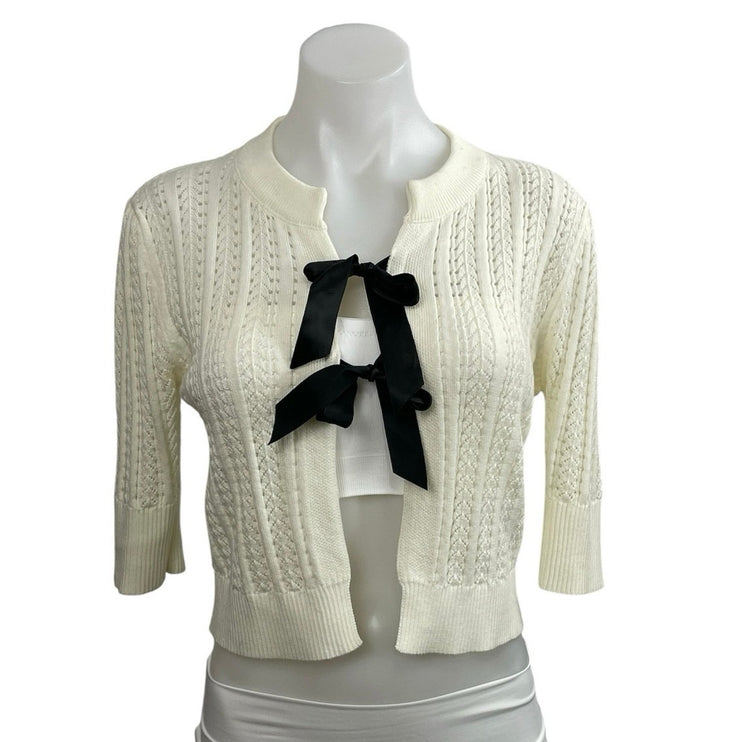 Cider Women's Cream Pointelle Crochet Bow Hald Sleeve Cardigan Sweater Top Sz L