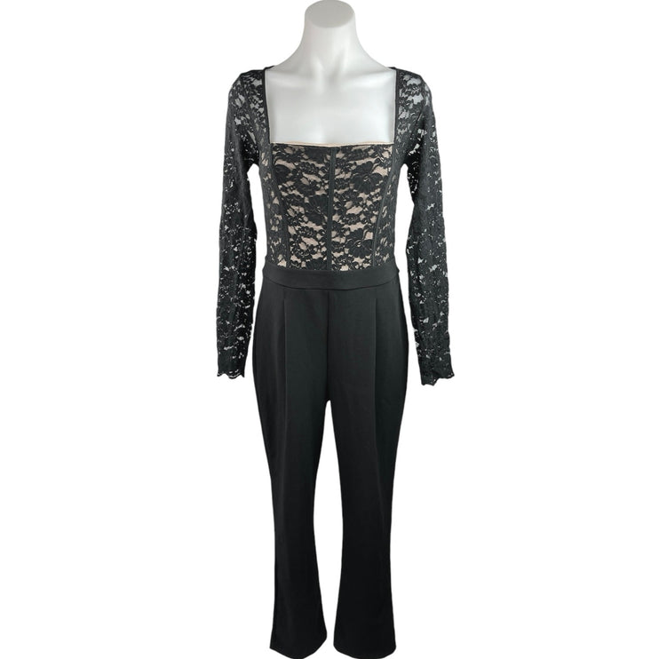 Express Women's Black Lace Bodice Zipper Square Neck Long Sleeve Jumpsuit Size 8