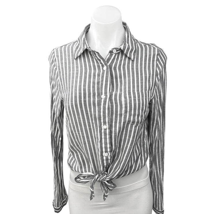 Dress Forum Gray Striped Tie Knot Button Up Long Sleeve Crop Shirt Blouse Top S