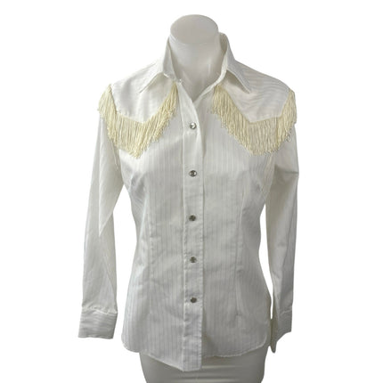 California Ranchwear Womens White Fringe Long Sleeve Button Up Shirt Top Size S