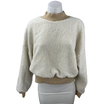 Fabletics Malia Polar Fleece White Brown Mock Neck Long Sleeve Sweater Top Sz M