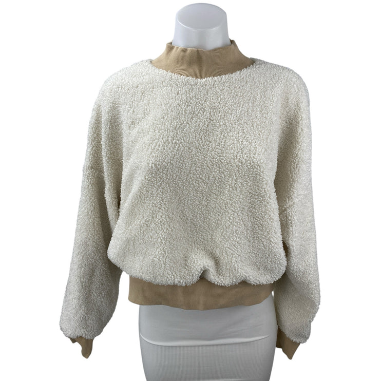 Fabletics Malia Polar Fleece White Brown Mock Neck Long Sleeve Sweater Top Sz M