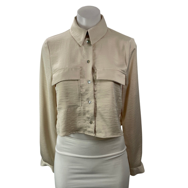 Zara Women's Beige Pocket Long Sleeve Button Down Cropped Shirt Top Size XS