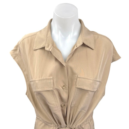 Old Navy Tan Beige Sleeveless Collar Button Down Drawstring Midi Shirt Dress M