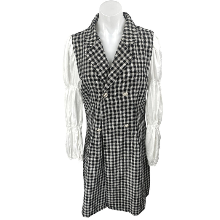 Shein Black White Tweed Long Puff Sleeve Double Breasted Mini Dress Size XL