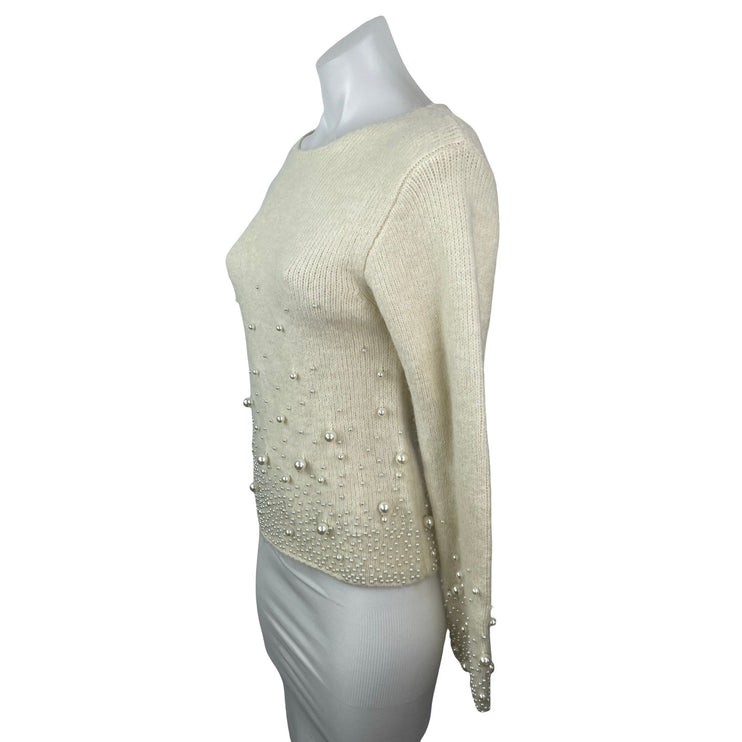Zara Cream Beige Pearl Wool Beaded Long Sleeve Knit Crewneck Sweater Top Size S