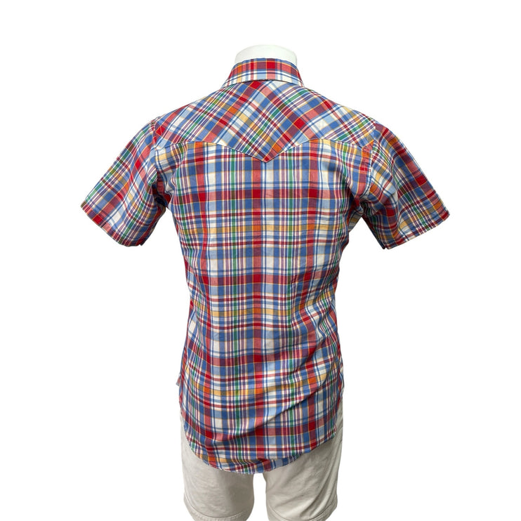 Wrangler Mens Red Blue Plaid Checkered Short Sleeve Button Down Shirt Top Sz M