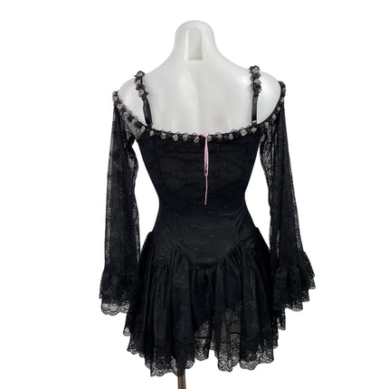 NEW Sugar Thrillz Black Lace Sheer Flowers Long Bell Sleeve Mini A-Line Dress XS