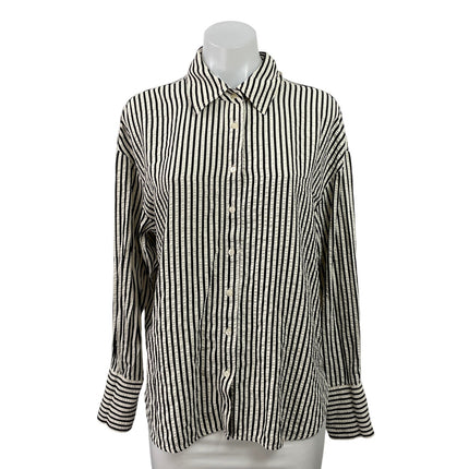MNG by Mango Women's Black White Long Sleeves Striped Button Down Shirt Top Sz M