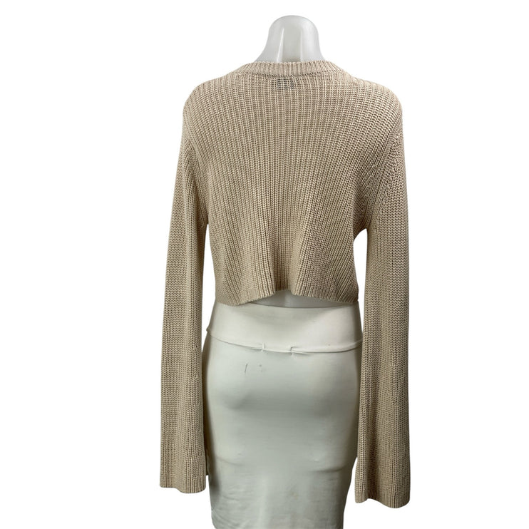 Hazel Boutique Beige Ribbed Knit Crew Neck Bell Long Sleeve Cropped Sweater S