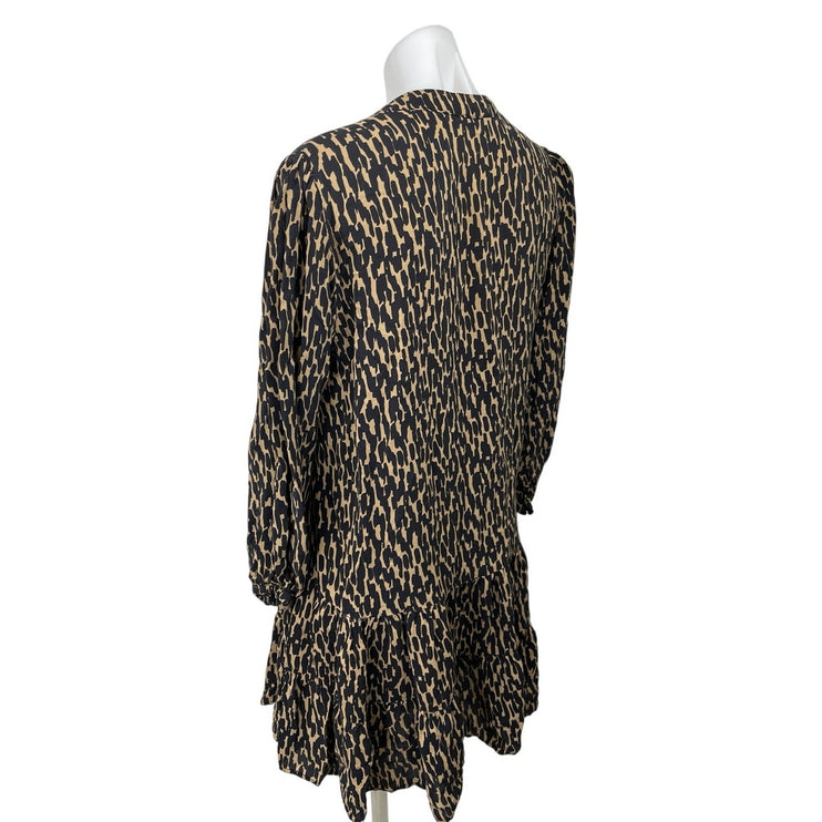 ZARA Black Tan Animal Print V-Neck Balloon Sleeve Flounce Hem Mini Shift Dress M