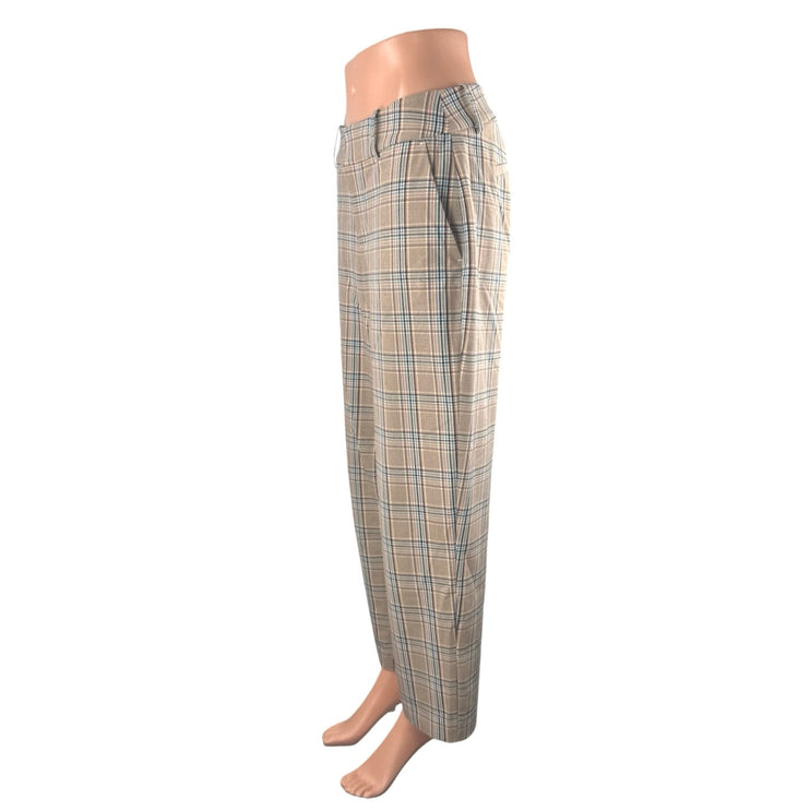 A New Day Women Tan Plaid Tartan Wide Leg Straight Cropped Trousers Pants Size 4