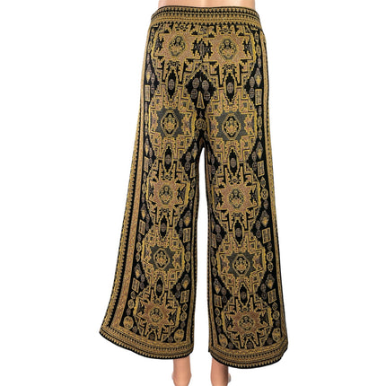 Zara Women Gold Black Aztec Boho Jacquard Cropped Wide Leg Trousers Pants Size S