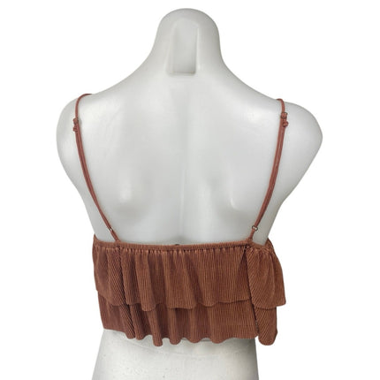 Dress Forum Brown Plisse Pleated Sleeveless Tiered Ruffle Cami Tank Crop Top M
