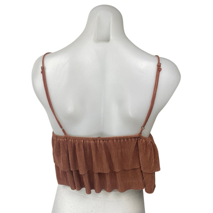 Dress Forum Brown Plisse Pleated Sleeveless Tiered Ruffle Cami Tank Crop Top M
