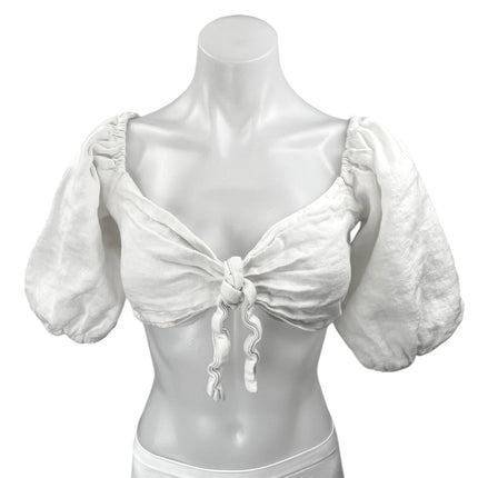 Zara White Short Puff Sleeve Sweetheart Neck Smocked Tie Front Crop Blouse Top M