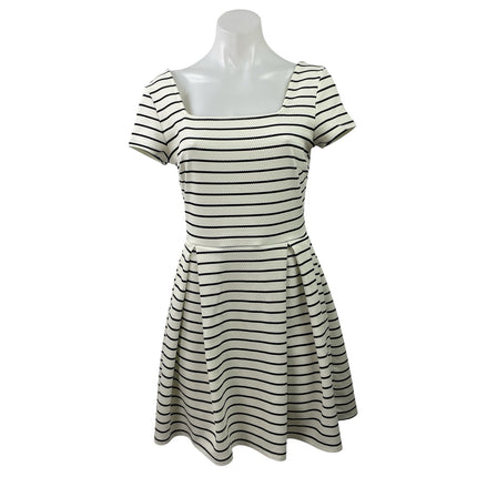 Soprano White Striped Pleated Short Sleeve Square Neck Mini Fit & Flare Dress S