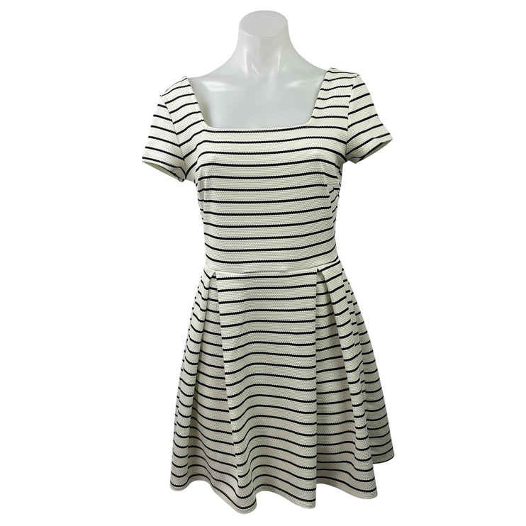 Soprano White Striped Pleated Short Sleeve Square Neck Mini Fit & Flare Dress S