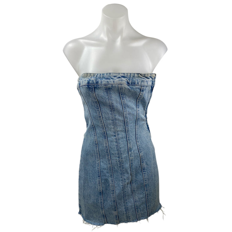 Zara Women's Light Blue Strapless Bandeau Mini Bodycon Denim Tube Dress Size S