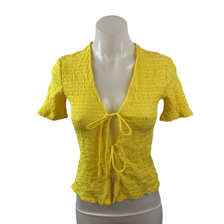 Zara Women's Yellow Smocked Tie Front V Neck Short Sleeve Crop Blouse Top Sz S