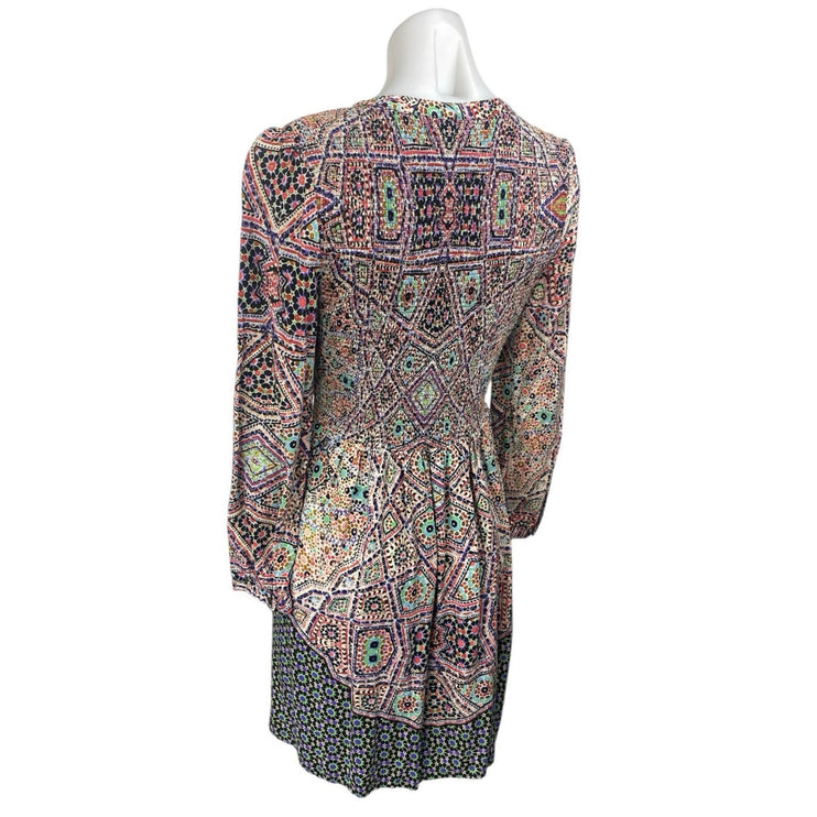 Anthropologie Tiled Amethyst Long Sleeve Geometric Smocked Mini A Line Dress S