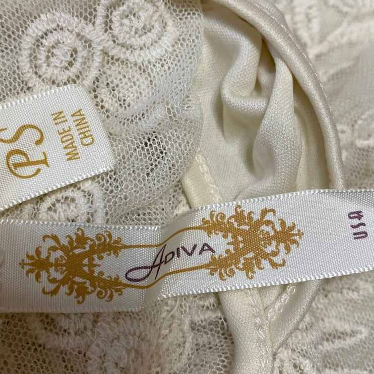 Adiva Women's White Floral Embroidered Lace Overlay Short Sleeve Bloue Top Sz S