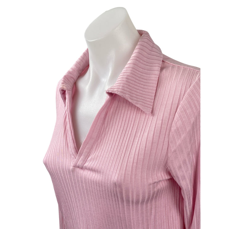 & Other Stories Women's Pink Long Sleeve Pleated V Neck Polo Shirt Blouse Size S