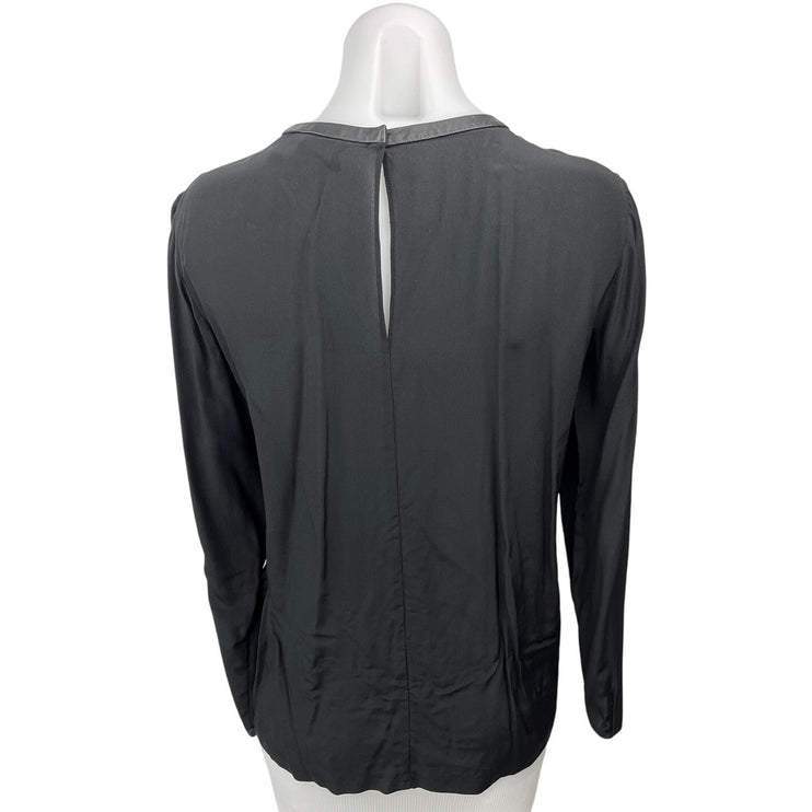 Club Monaco Black 100% Silk 100% Leather V Neck Long Sleeve Blouse Top Size M