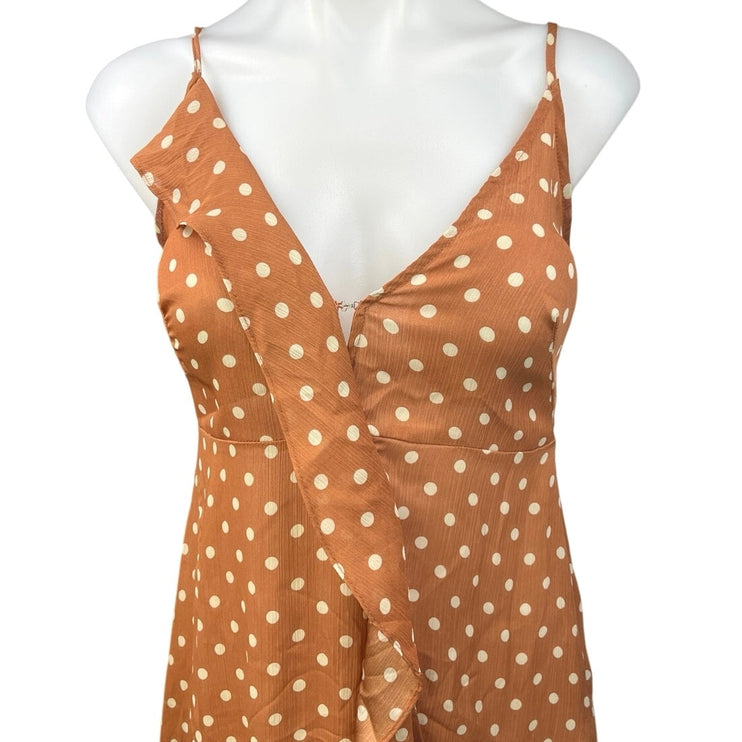 Dress Forum Brown White Polka Dots Sleeveless Ruffle High Low Maxi Dress Size S