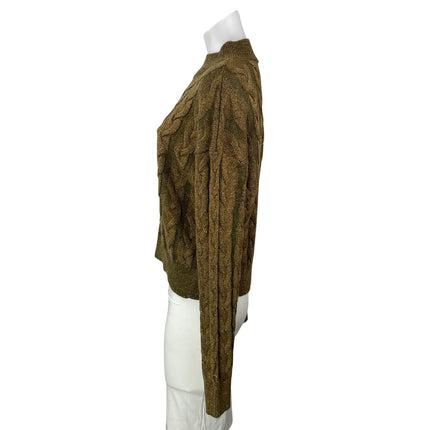 MNG Mango Olive Green Metallic Cable Knit Long Sleeve Mock Neck Sweater Top Sz L