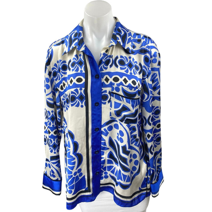 Zara Womens Blue Silk Satin Geometric Long Sleeve Button Down Blouse Shirt Top S