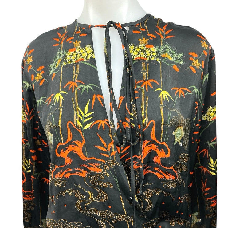 Zara Women's Black Tropical Print Tie Neck V Neck Long Sleeve Bodysuit Top Sz M