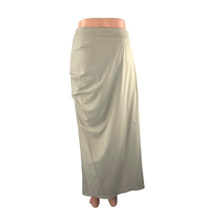 Chacha Women's Beige Taupe High Waisted Ruched Slit Pencil Maxi Skirt Size S