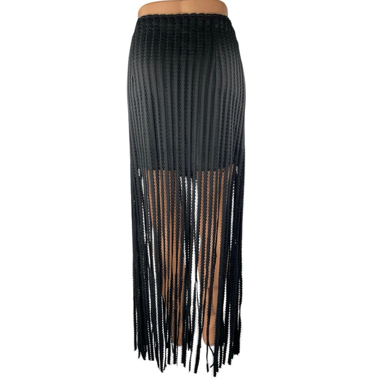 Ft Inc Black Ribbed Knit Fringe Trim Boho Maxi Straight Pencil A-Line Skirt Sz M