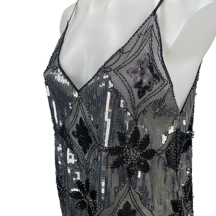 Women's Black Sequin Sparkly Sleeveless V Neck Cami Camisole Tank Top Size M/L