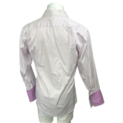 Egara Men's White Purple Striped Long Sleeve Collar Button Pocket Shirt Top 16